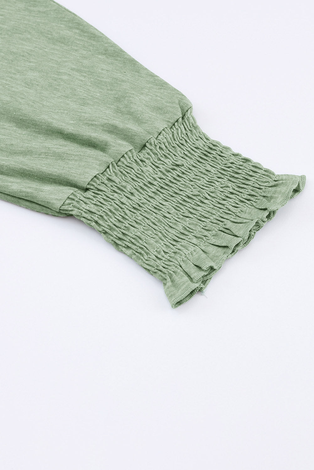 Green Plain Smocked Sleeve Casual Loose T Shirt