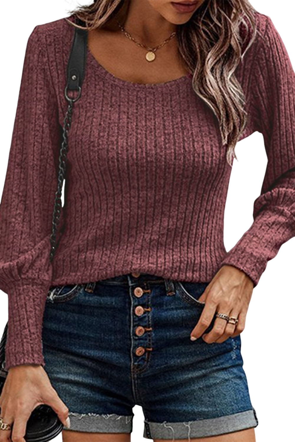 Mineral Red Ribbed Bishop Sleeve Round Neck Top