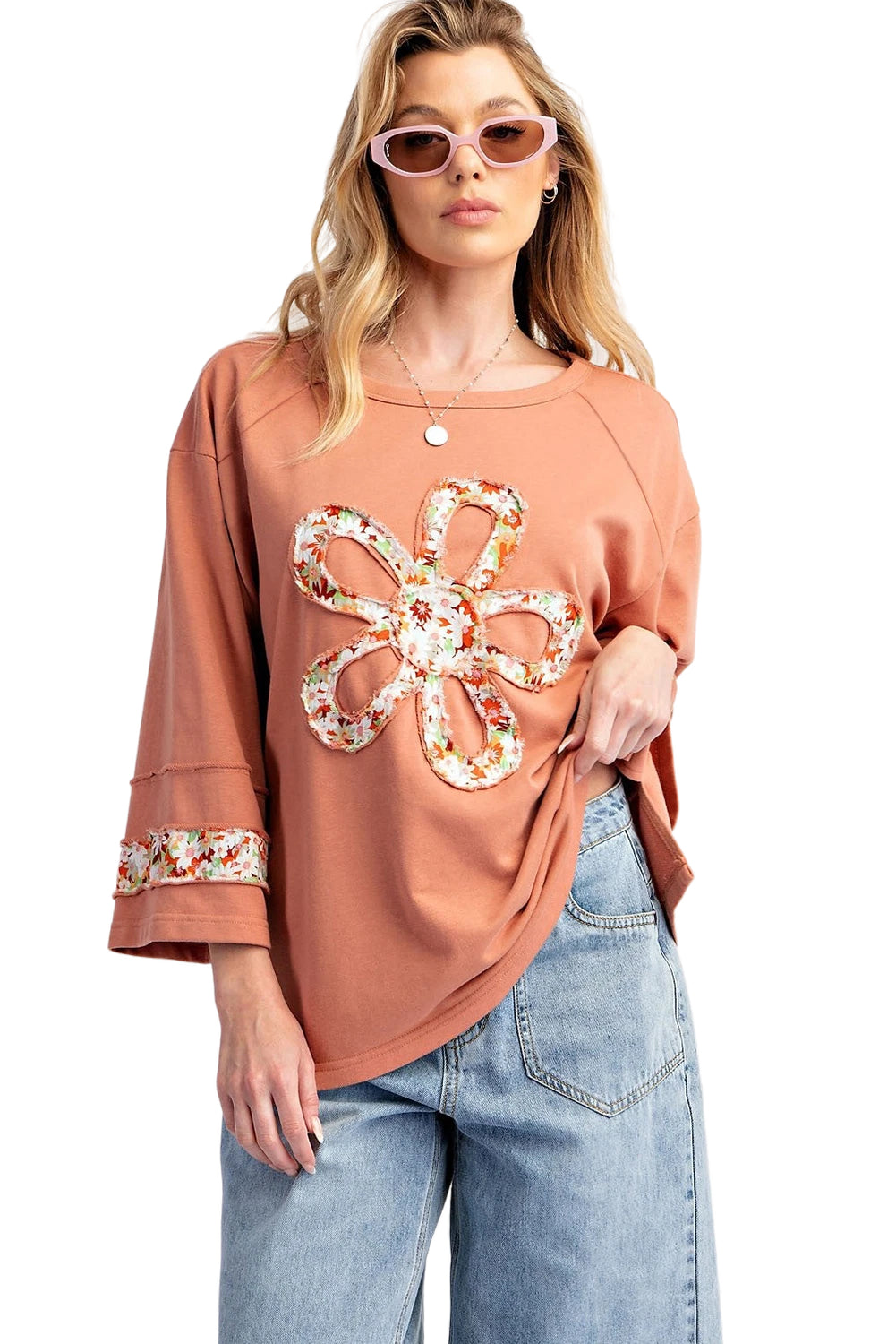 Beige Flower Exposed Seam Patchwork Loose Top