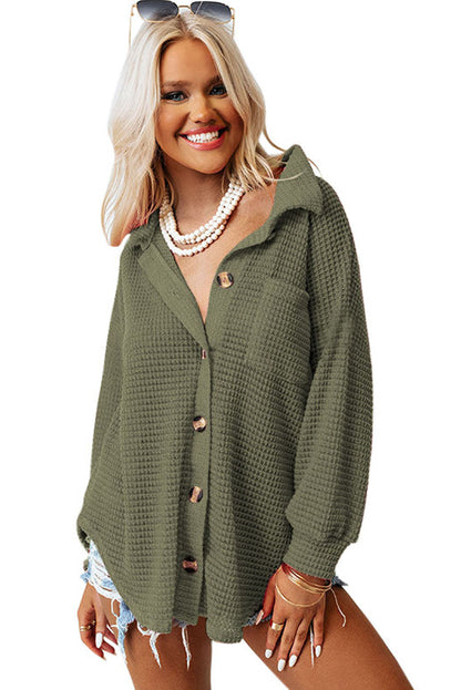 Khaki Pocket Buttons Front Waffle Knit Shacket