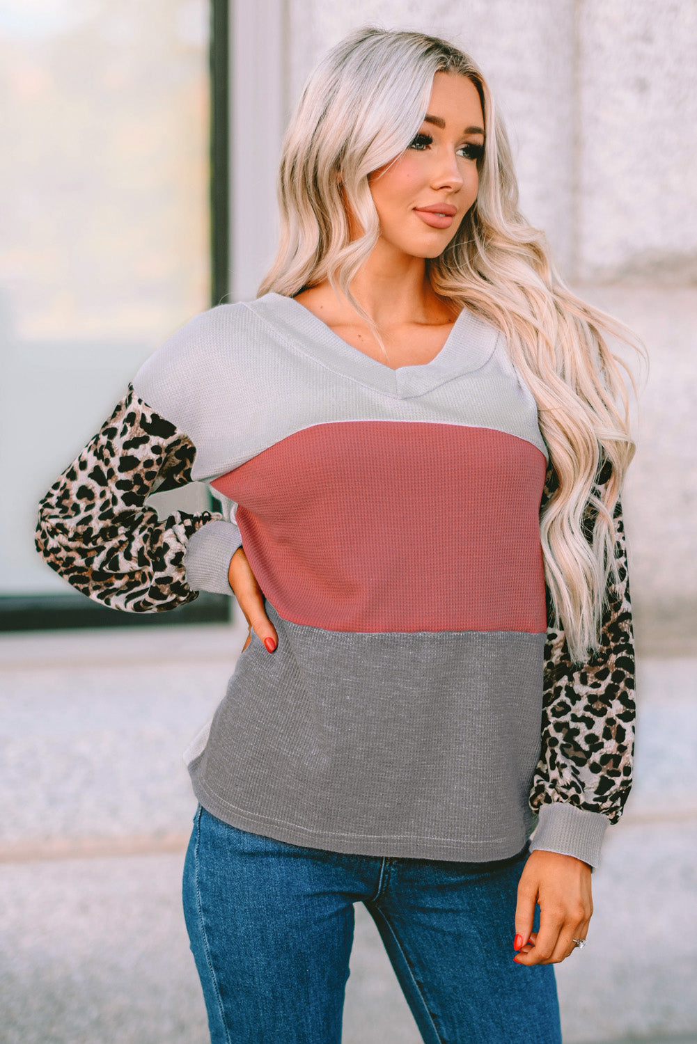 Leopard Print Color Block Waffle Knit Top