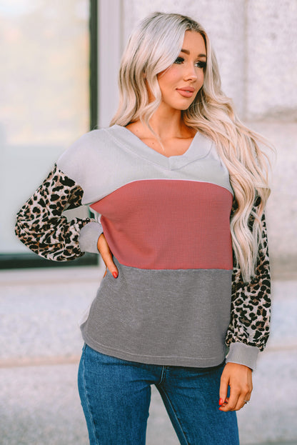 Leopard Print Color Block Waffle Knit Top