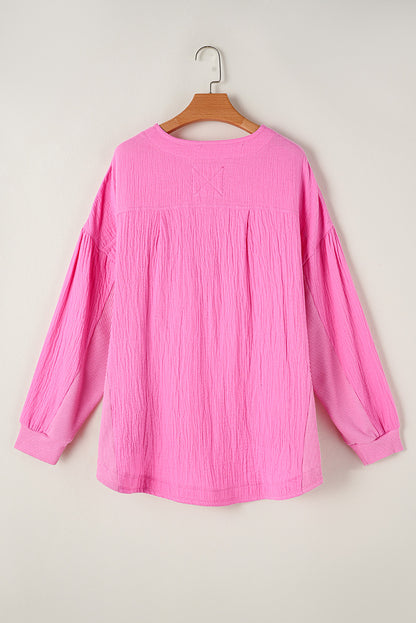 Bonbon Chest Pocket Crinkle Drop Sleeve Plus Size Henley Top