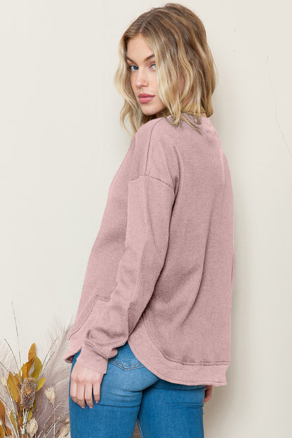 Pink Waffle Knit Crew Neck Casual Long Sleeve Top