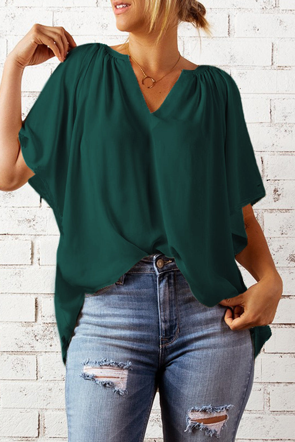 Green Casual Split Neck Pleated Loose Blouse