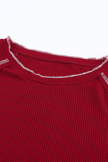 Red Exposed Seam Textured Pullover Long Sleeve Top