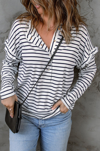 Red Striped Snap Button Frill Neck Long Sleeve Henley Shirt