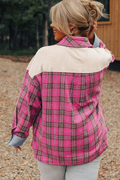 Red Plaid Print Patchwork Plus Size Shirt