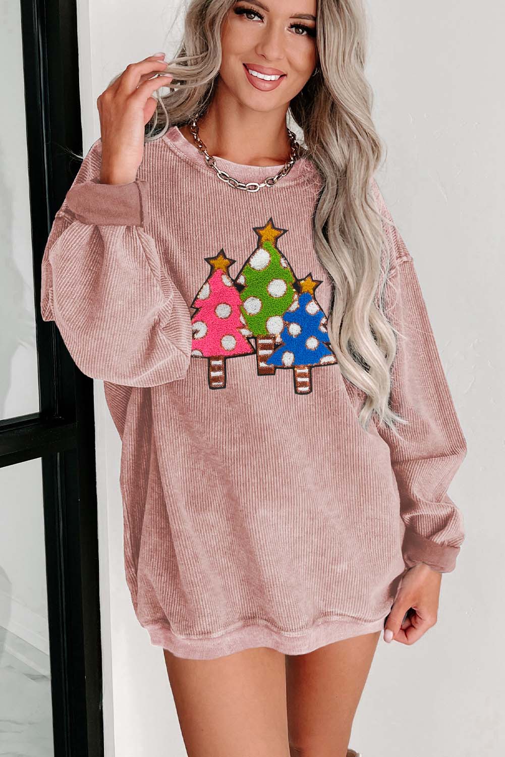 Pink Corduroy Christmas Tree Sequin Graphic Sweatshirt