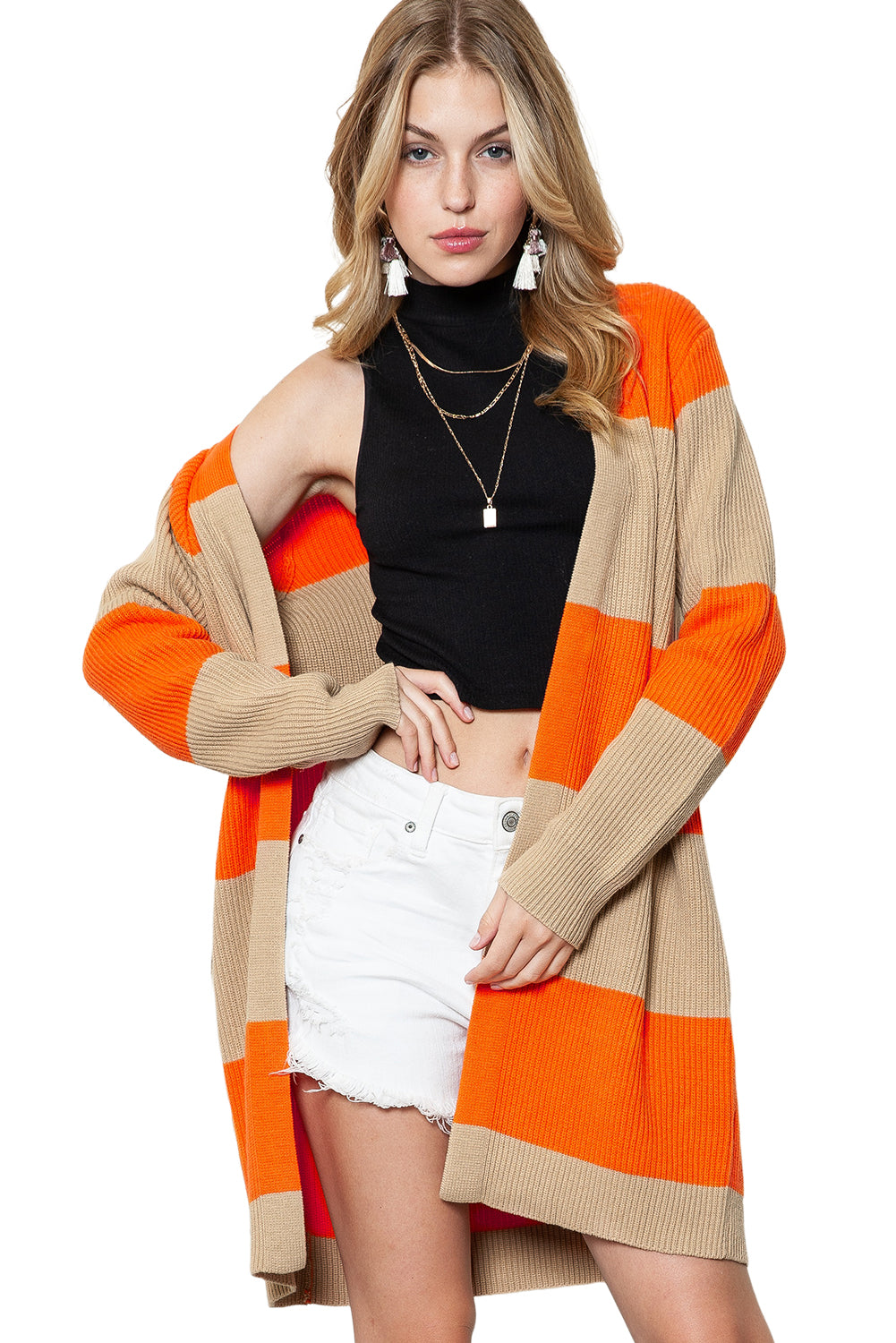 Orange Colorblock Ribbed Knit Open Front Cardigan