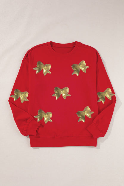 Red Bowknot Patched Pattern Crewneck Christmas Sweatshirt