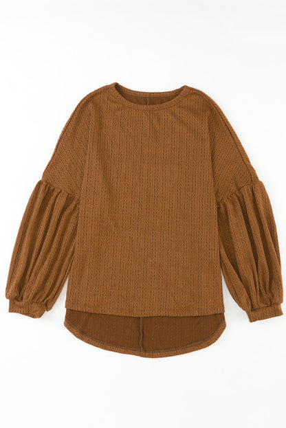 Brown Solid Color Textured Pullover Casual Top