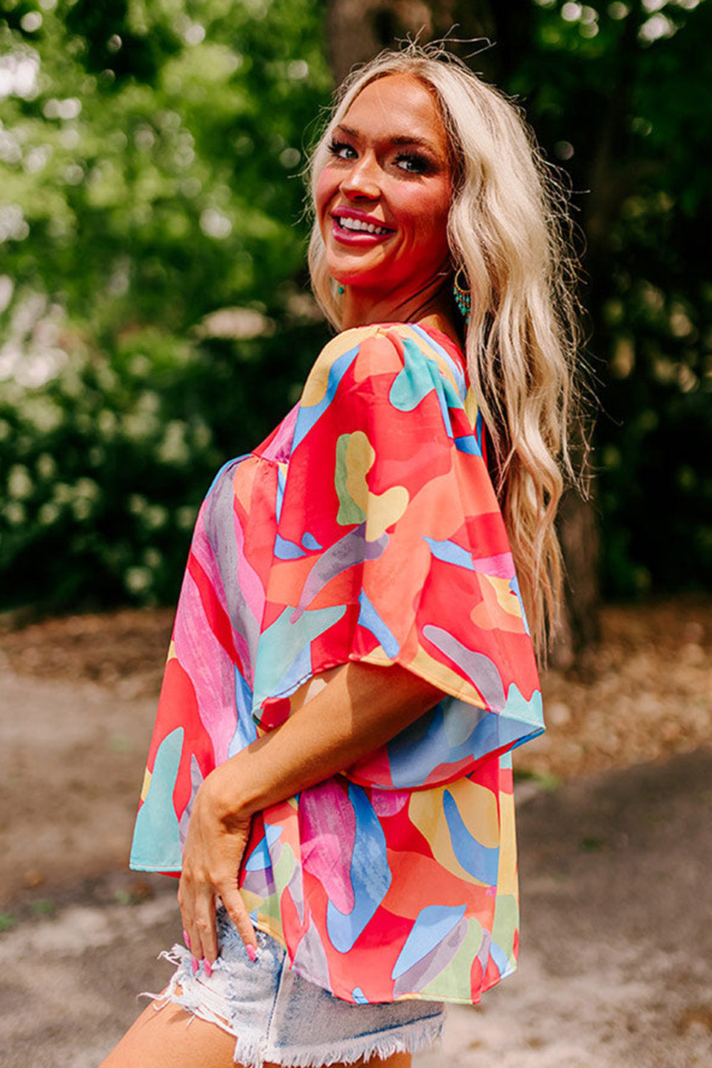 Multicolor Abstract Print Flounce Sleeve Blouse