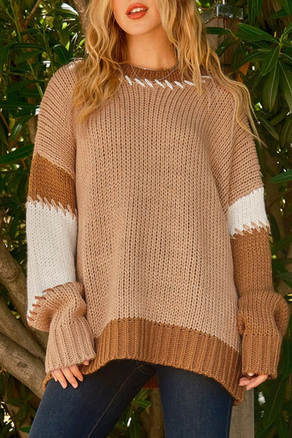 Flaxen Patchwork Drop Sleeve Knit Pullover Sweater