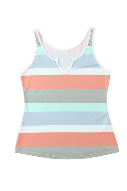 Green Striped Color Block Notched Neck Tank Top