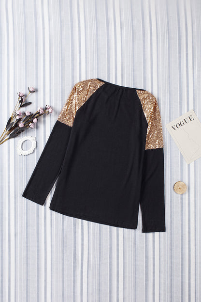 Black and Gold Sequin Raglan Sleeve Pullover