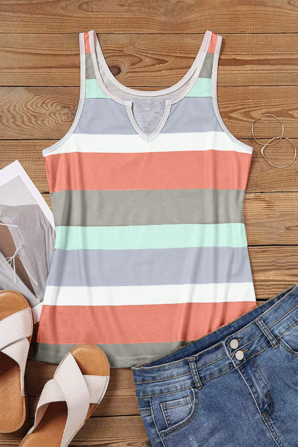 Green Striped Color Block Notched Neck Tank Top