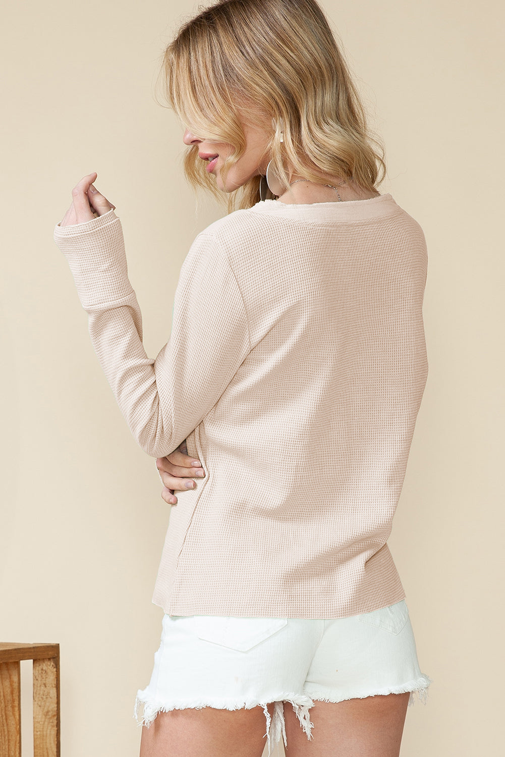 Beige Waffle Textured Long Sleeve Henley Top