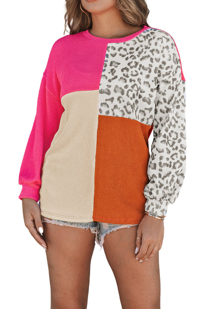 Rosy Leopard Patchwork Color Block Ribbed Long Sleeve Top