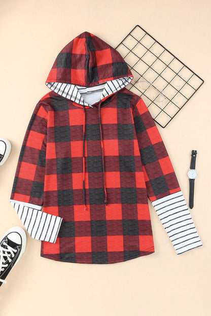 Red Plaid & Striped Patchwork Drawstring Hoodie