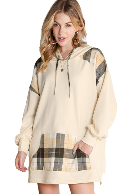 Khaki Plaid Patchwork Kangaroo Pocket Oversized Hoodie