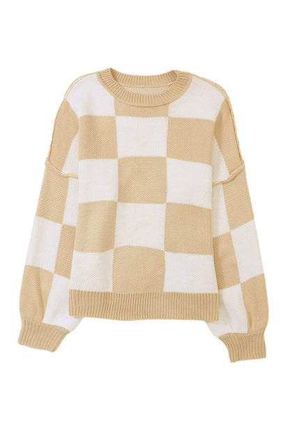 Pink Checked Bishop Sleeve Pullover Sweater