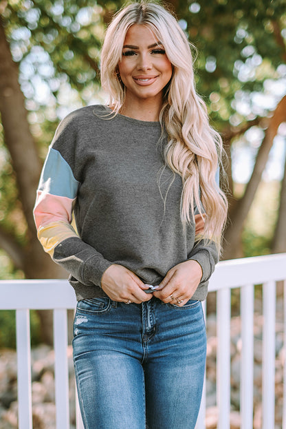 Grey Casual Color Block Drop Sleeve Sweatshirt