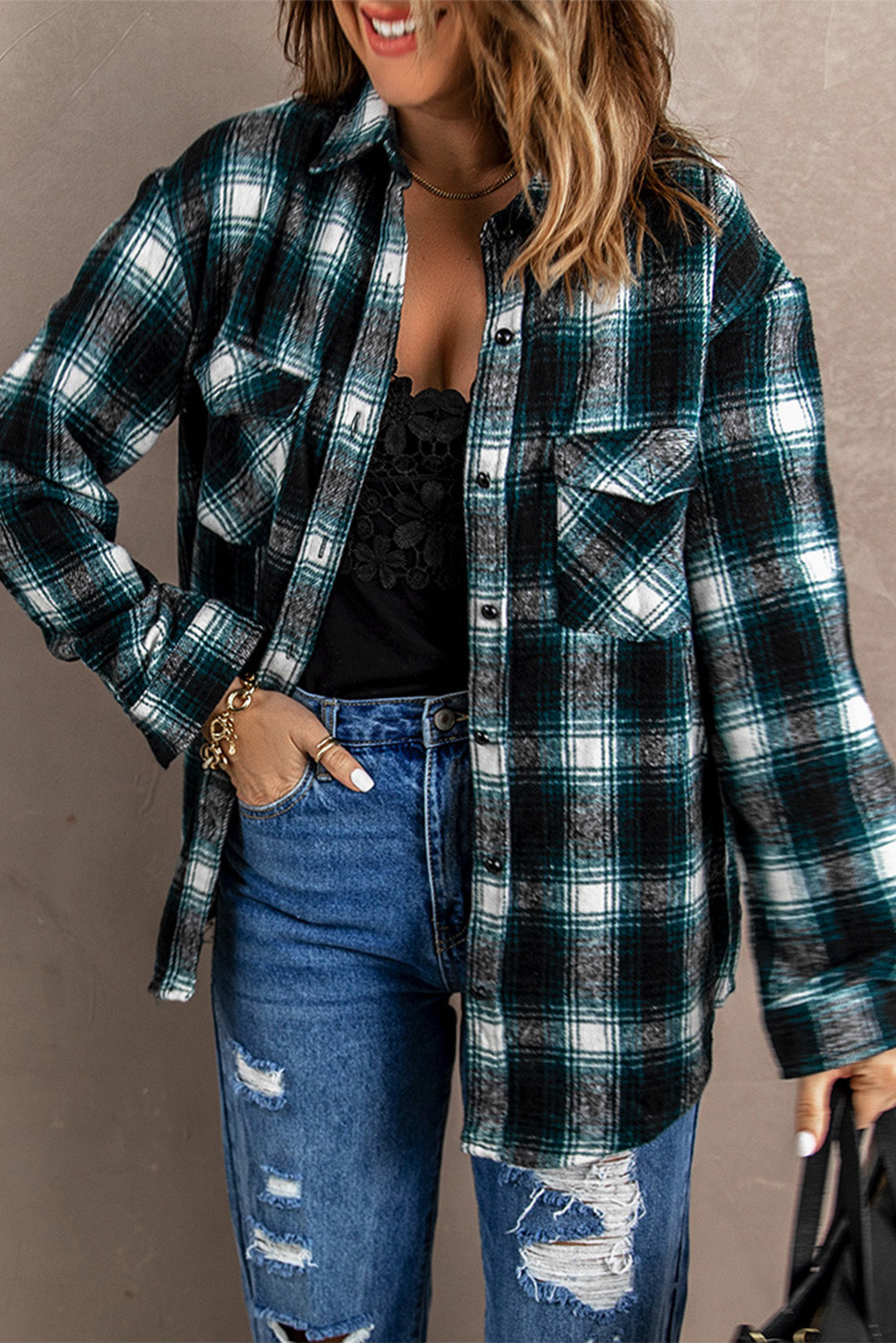 Brown Button Up Collared Plaid Shacket