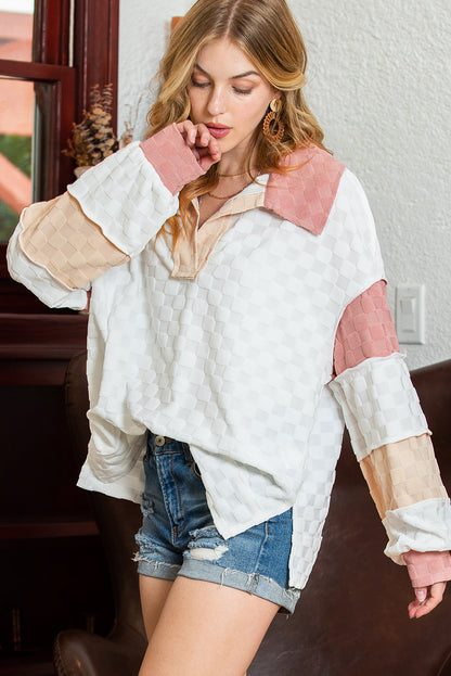 White Patchwork Lantern Sleeve Collared Top