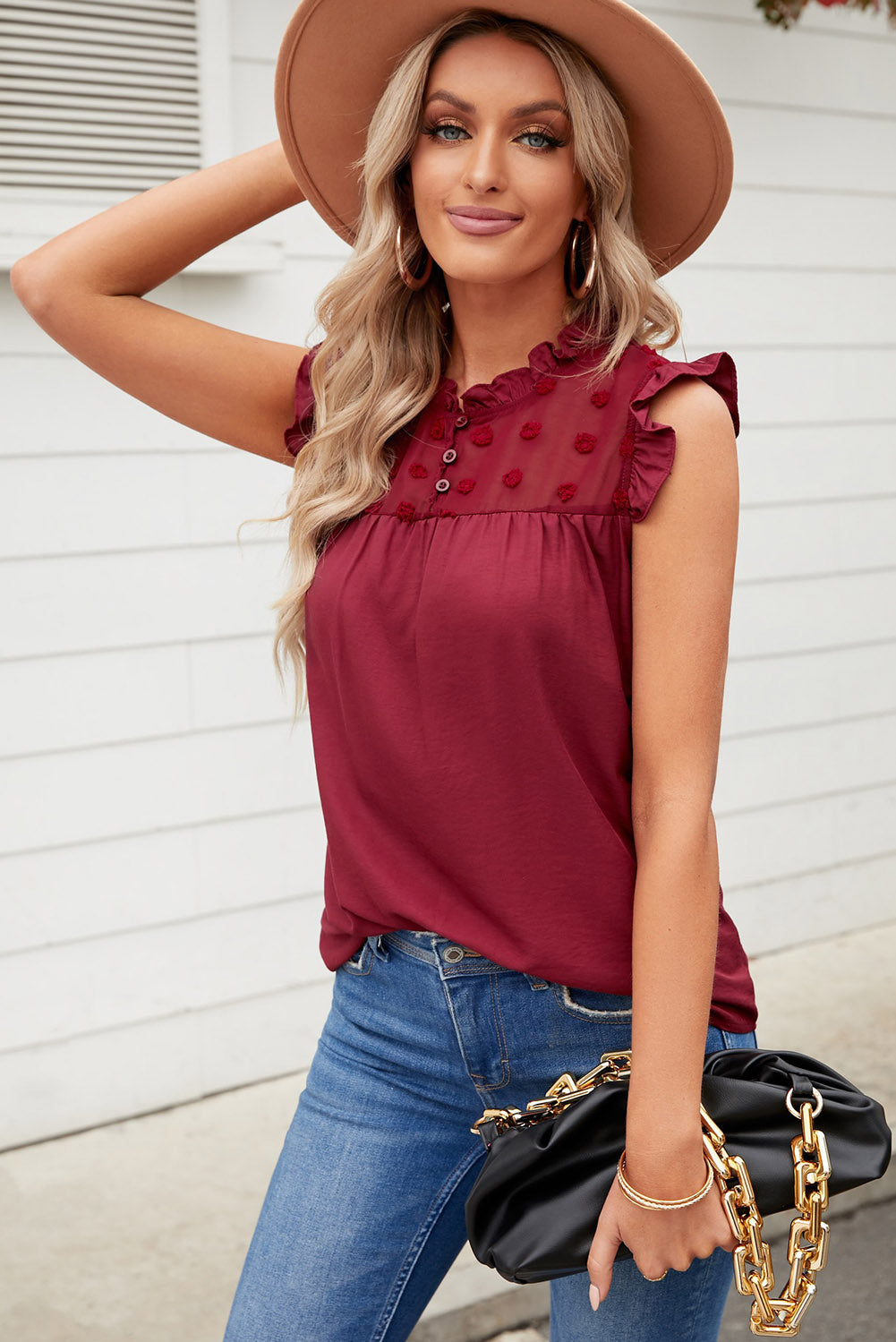 Burgundy Ruffle Trim Swiss Dot Button Closure Sleeveless Shirt