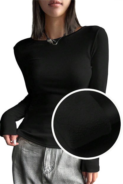 Black Fleece Lined Slim Fit Basic Long Sleeve Top