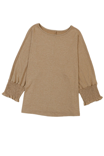 Green Plain Smocked Sleeve Casual Loose T Shirt