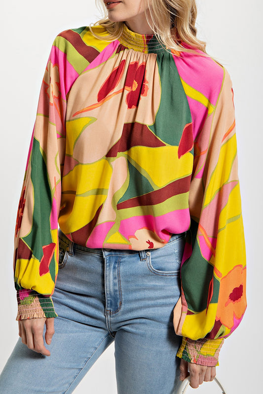 Multicolor Abstract Print Shirred Cuffs Boho Blouse