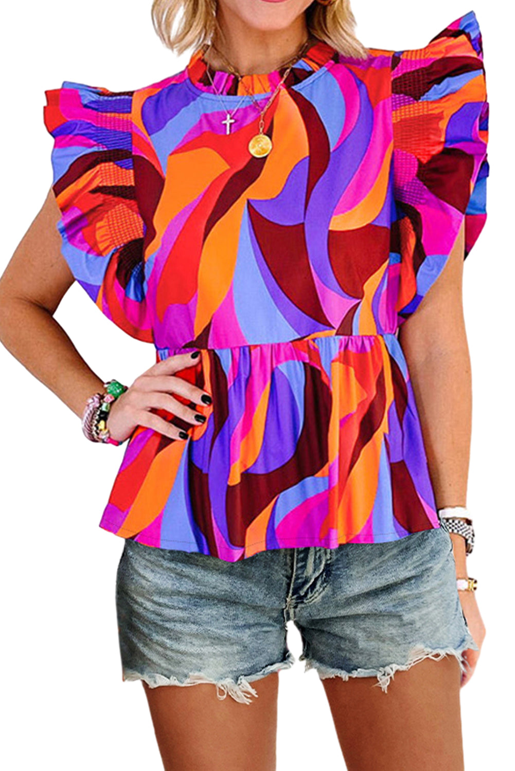 Orange Abstract Print Flutter Sleeve Peplum Blouse