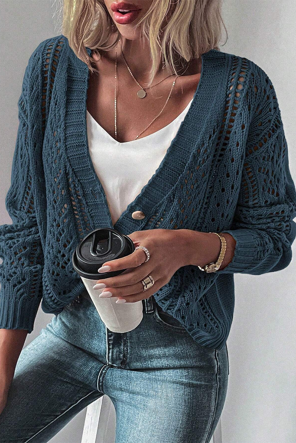 Green Hollow Knit Drop Shoulder Cardigan