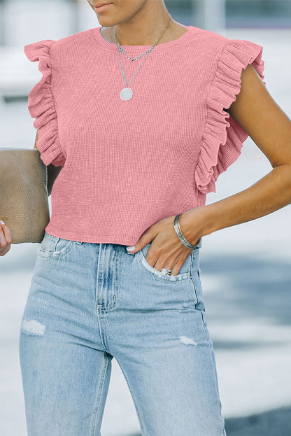 Pink Ruffle Sleeve Crewneck Ribbed Crop Top