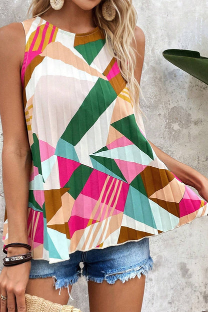 Multicolor Boho Geometric Print Keyhole Back Sleeveless Shirt