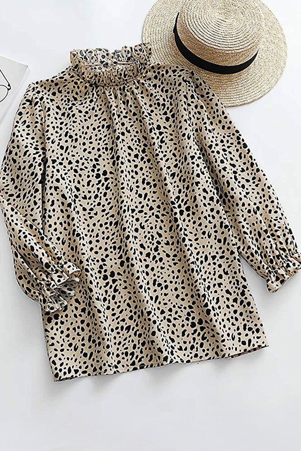 Khaki Leopard 3/4 Ruffle Sleeve Frill Neck Blouse