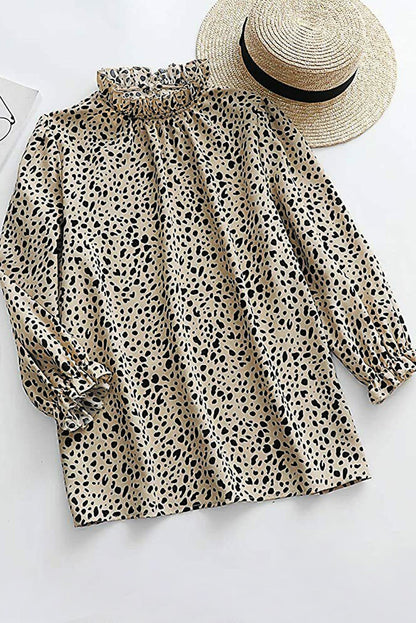 Khaki Leopard 3/4 Ruffle Sleeve Frill Neck Blouse