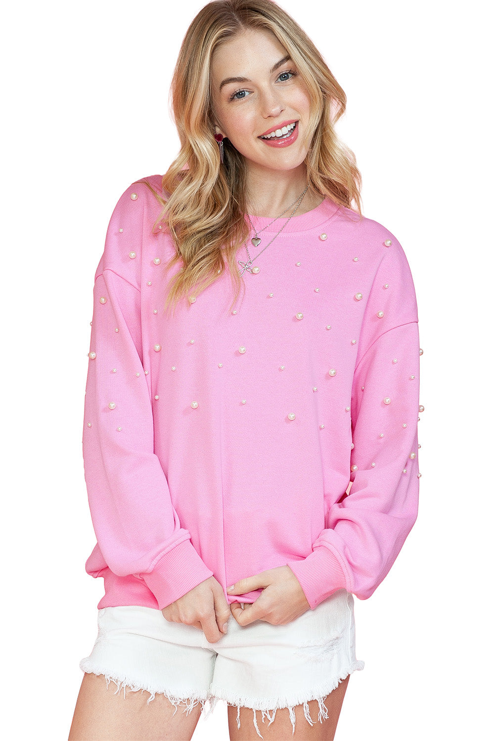 Pink Pearl Decor Contrast Round Neck Sweatshirt