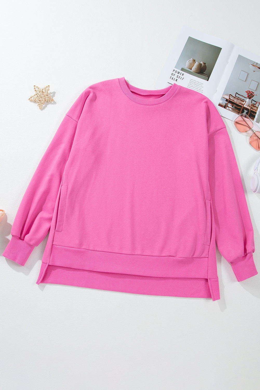 Bonbon Solid O Neck High Low Hem Pullover Sweatshirt