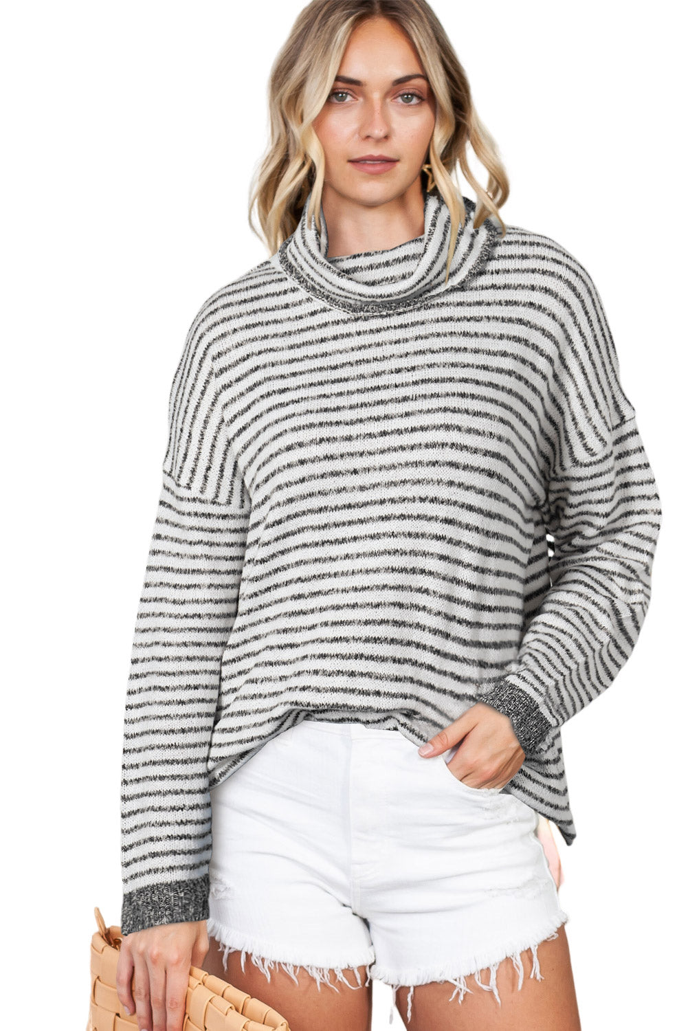 Gray Striped Turtleneck Oversized Sweater