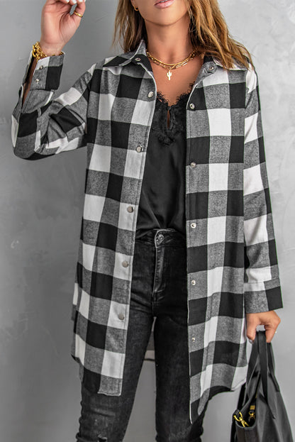 Brown & Black Plaid Collared Botton Down Long Shirt Shacket