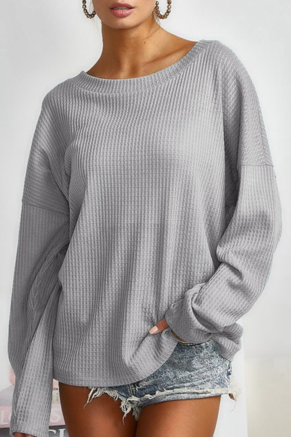 Grey Waffle Knit Backless Drop Shoulder Top