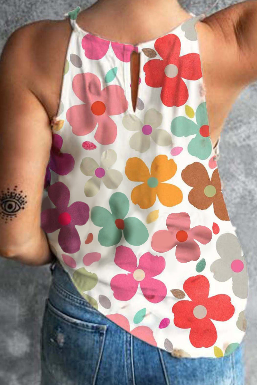 White Vibrant Floral Print Summer Tank Top