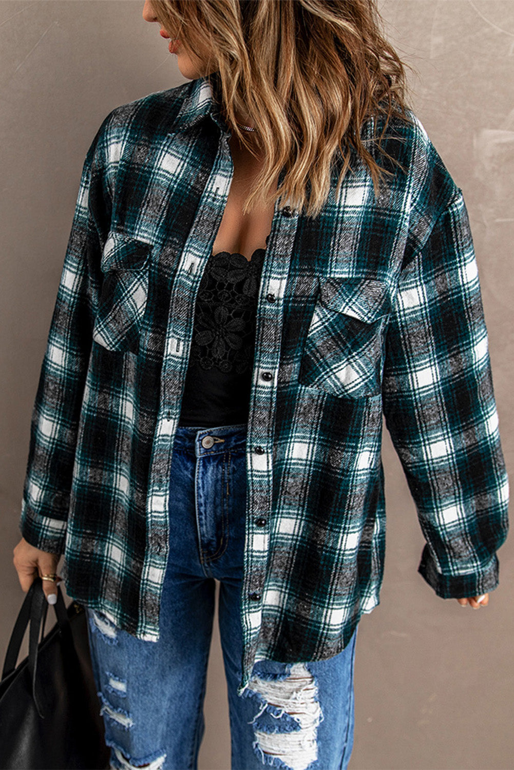 Brown Button Up Collared Plaid Shacket