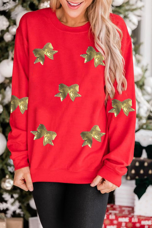 Red Bowknot Patched Pattern Crewneck Christmas Sweatshirt