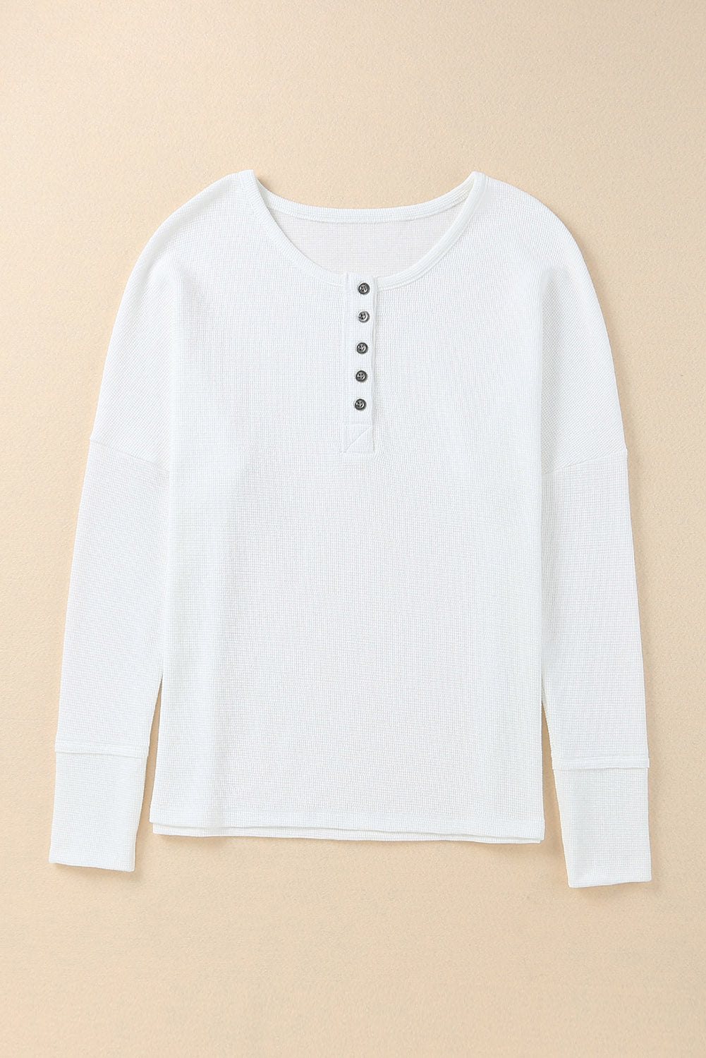 White Casual Waffle Button Front Knit Henley Top