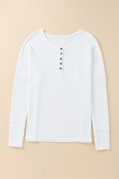 White Casual Waffle Button Front Knit Henley Top