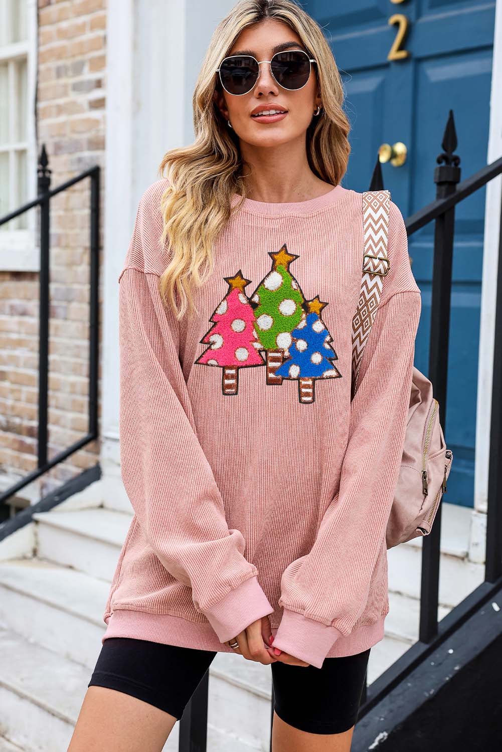 Pink Corduroy Christmas Tree Sequin Graphic Sweatshirt